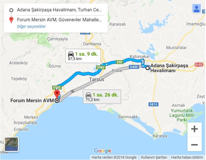 adana mersin arası kaç km